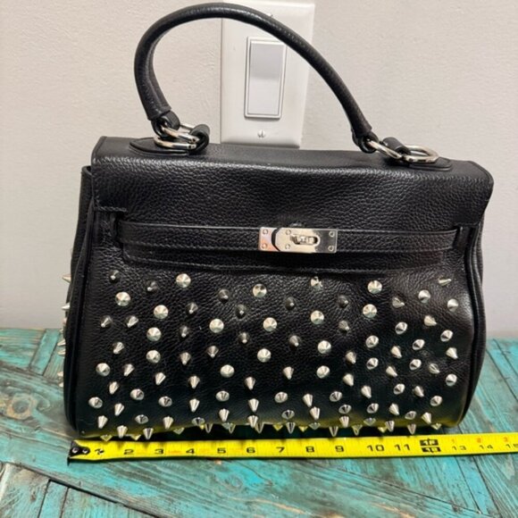 Melrose Glam Birken Style Black Leather Handbag Silver Stud Embellishments - Picture 10 of 16